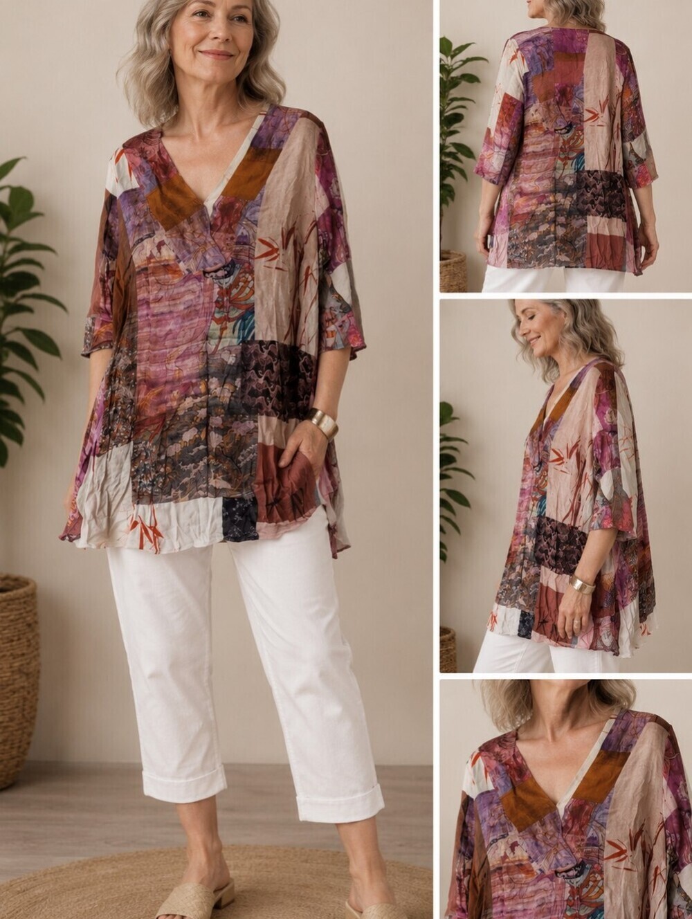 Ulla Popken Asian Patchwork Print Wearable Art Tunic Top